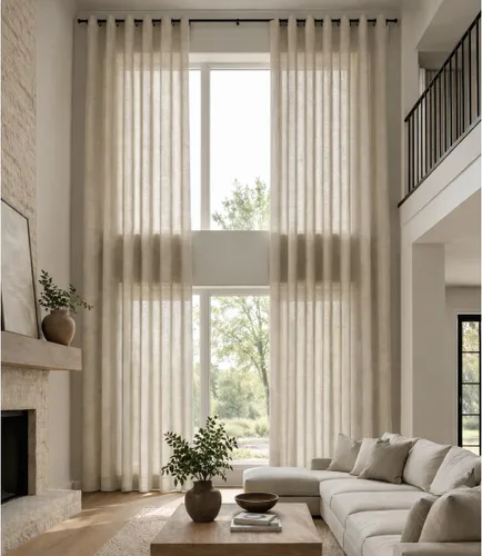 Vista 4 de Ikiriska Cortina de lino transparente extra larga (1 panel) hecha a medida de 12 13 14 15 16 17 18 20 24 pies 2 pisos gris, beige, blanco, crema