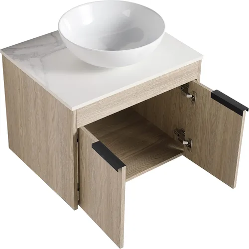 Vista 5 de Armario de tocador de baño de 24 pulgadas, tocador de baño flotante con lavabo de cerámica, moderno juego de tocador de baño colgante de roble
