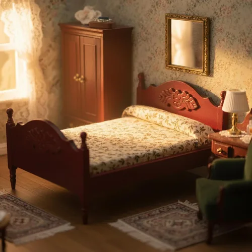 Vista 2 de Muebles en miniatura para casa de muñecas, cama de madera con tela, colchón y almohada, escala 1/12, decoración de muebles para casa de muñecas