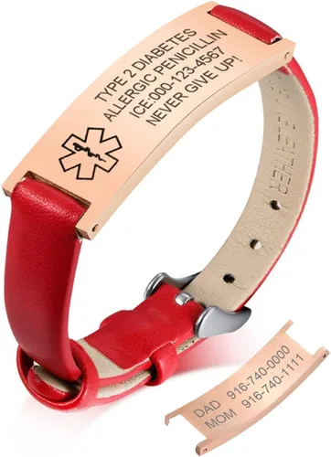Vista 52 de MPRAINBOW Pulsera de alerta médica personalizada para mujer, correa de reloj de cuero genuino, grabado de doble cara, diabetes, epilepsia, joyería