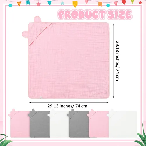Vista 3 de Preboun 6 toallas de muselina con capucha para bebé, gris, rosa, blanco