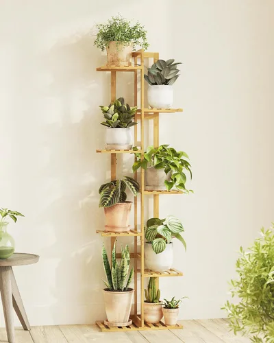 Vista 13 de Bamworld Soporte de bambú para plantas de interior con 6 niveles, estante de plantas de exterior, soporte de esquina para múltiples plantas, soporte