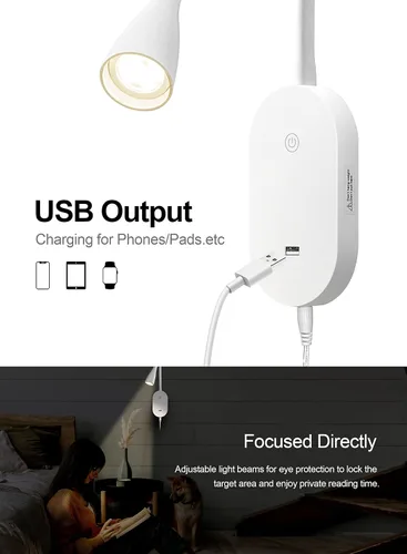 Vista 4 de deeloop Luz de lectura LED de montaje en pared para cama, lámpara de lectura con salida USB, 5 niveles de brillo, luces de libro de control táctil