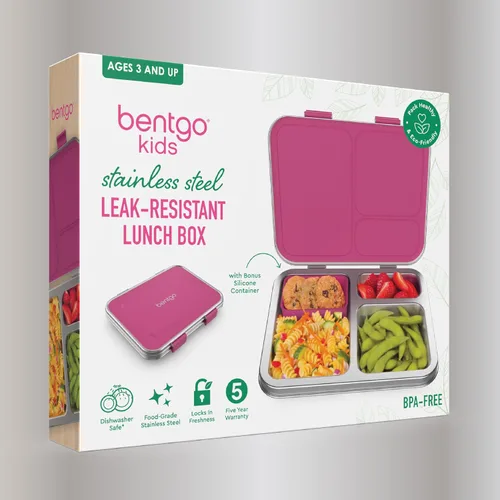 Vista 8 de Bentgo Kids - Lonchera de acero inoxidable resistente a fugas, 3 compartimentos Recipiente de silicona adicional, sin PFAS y BPA, resistente al