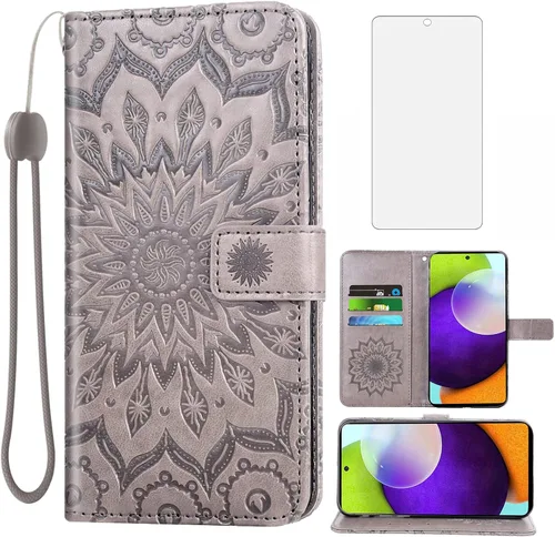Vista 8 de Funda de teléfono para Samsung Galaxy A52 5G/4G con protector de pantalla de vidrio templado y funda delgada de cuero, soporte para tarjetas