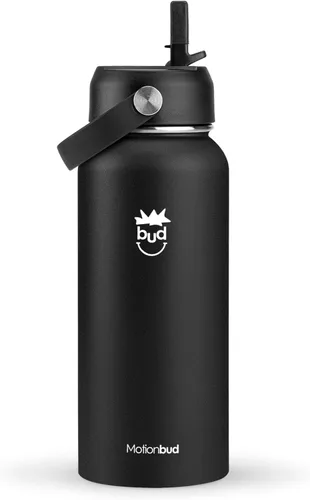 Vista 2 de Botella de agua aislada de 32 onzas, de acero inoxidable, botella a prueba de derrames con 3 tapas, sin BPA, aislada al vacío, mantiene las bebidas