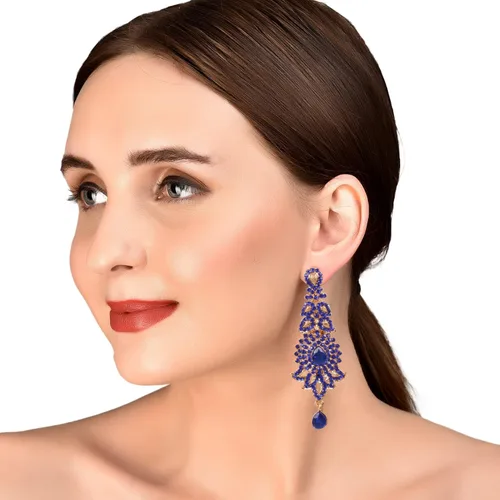 Vista 7 de Touchstone "Hollywood Glamour Oscar Collection", aretes de araña extra largos con diseño de cachemira india, joyería nupcial en tono dorado antiguo