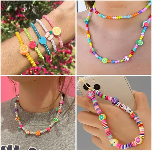 Vista 3 de Cuentas de arcilla polimérica hechas a mano con forma de fruta mixta, cuentas sueltas de color mixto, cuentas espaciadoras para hacer joyas