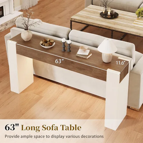 Vista 6 de 63-Inch Farmhouse Console Sofa Table with Power Outlets & LED Lights