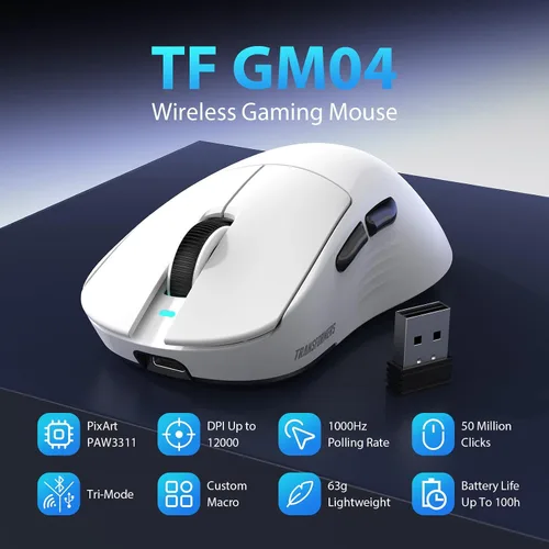 Vista 3 de Transformers GM04 - Mouse inalámbrico ligero para juegos de 2.22 oz, 12000 DPI, sensor PAW3311, duración de la batería de 100 horas, mouse Blanco