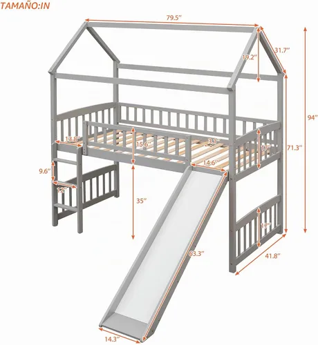 Vista 2 de Litera con tobogán y cama inferior con forma de casa, sin necesidad de somier, para adolescentes, niñas o niños, tamaño individual, color gris Merax
