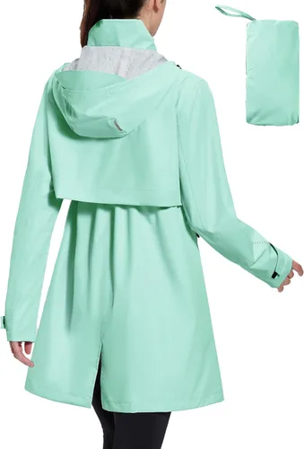 Vista 9 de baleaf Abrigo de lluvia largo para mujer, chaqueta de ciclismo plegable, impermeable, cortavientos, ligera, con capucha