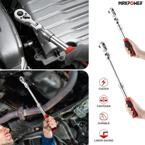 Vista 6 de MAXPOWER Llave de Tubo de cabeza flexible de 1/2 pulgada, función de trinquete reversible de liberación rápida de 72 dientes, mango extensible