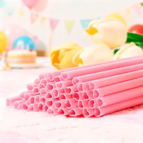 Vista 4 de 100 popotes rosas en forma de corazón, popotes desechables envueltos individualmente, lindos popotes de corazón para el día de San Valentín, día
