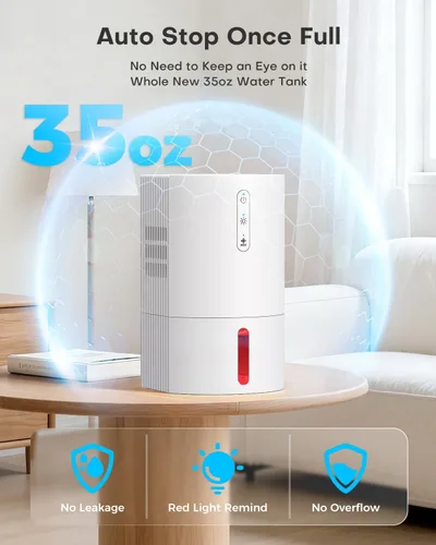 Vista 4 de Deshumidificadores para el hogar, deshumidificador de 35 onzas para baño con apagado automático y descongelación automática, deshumidificador