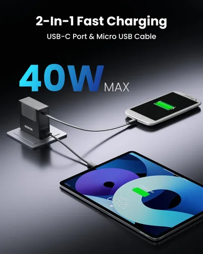 Vista 3 de Gitryin Cargador micro USB portátil, cargador de pared retráctil con cable de carga de 33.5 pulgadas, bloque de carga rápida de 40 W con puerto USB