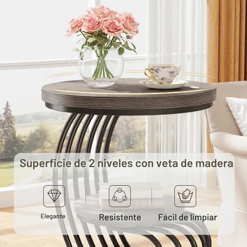 Vista 5 de Tribesigns Mesa auxiliar redonda: mesa auxiliar de madera de 2 niveles con estante de almacenamiento, mesita de noche rústica gris, mesa de acento