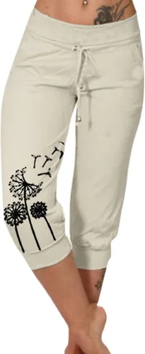Vista 11 de Pantalones capri para mujer, estampado de diente de león, pantalones capri con cordón de cintura alta, elásticos, pantalones cortos de verano