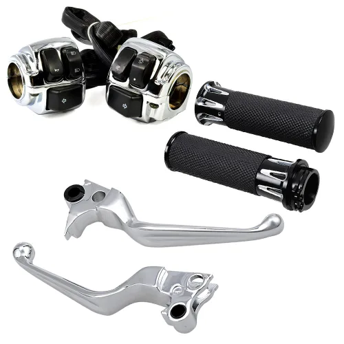Vista 24 de Juego compatible para 1 pulgada de manillar de Harley 96-12, interruptor de bocina, luces delanteras y señales de giro, empuñaduras y tapa de Negro