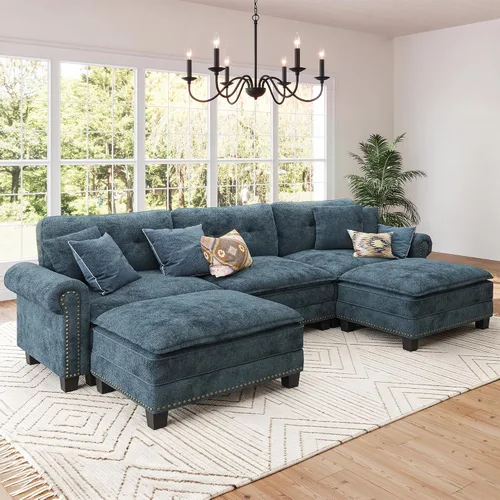 Vista 23 de Sofá modular de gran tamaño de 116 pulgadas en forma de L Azul polvoriento