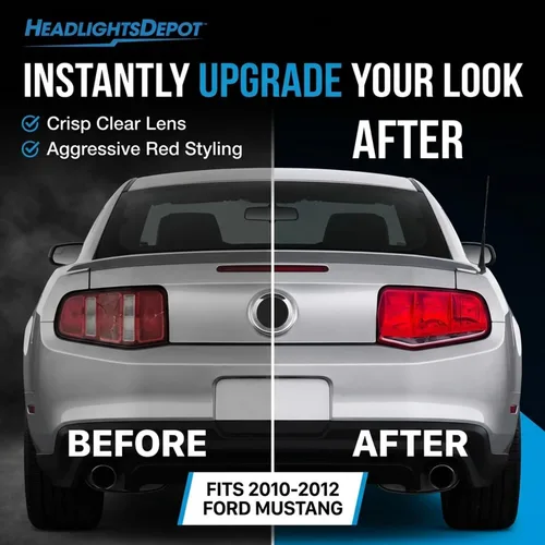 Vista 2 de HEADLIGHTSDEPOT Juego de luces traseras de diseño simple con par de lentes transparentes rojas compatibles con Mustang/Shelby GT500 2010-2012