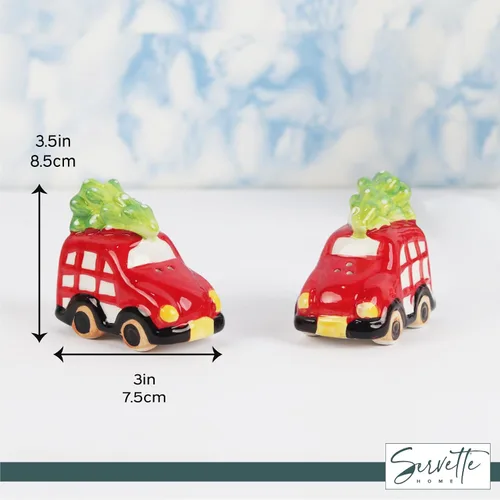 Vista 5 de Juego de salero y pimentero navideño - Vehículo de Navidad con árbol Muñeco de nieve con regalos