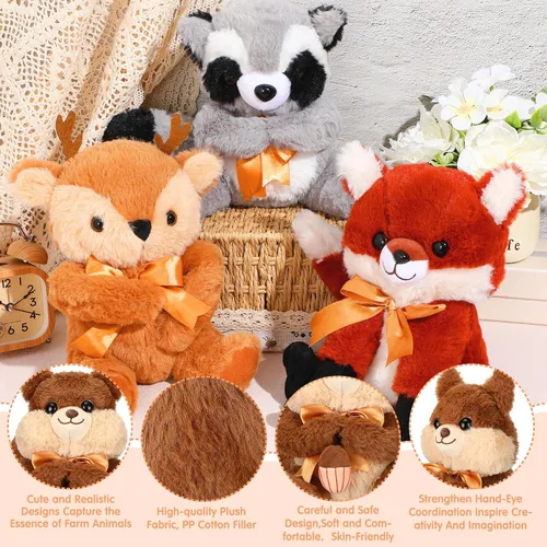 Vista 4 de Syhood 6 piezas de animales de peluche grandes del bosque de 11.8 pulgadas, oso de peluche, ciervo, zorro, ardilla, conejo, mapache, juguete