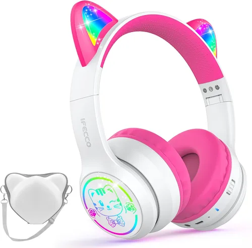 Vista 12 de IFECCO - Auriculares inalámbricos para niños con funda, linda oreja de gato con luz LED, tiempo de reproducción de 50 horas, volumen seguro