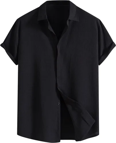 Vista 9 de Camisas de manga corta con botones de algodón y lino para hombre, estilo cubano, campamento, guayabera, playeras ligeras para verano