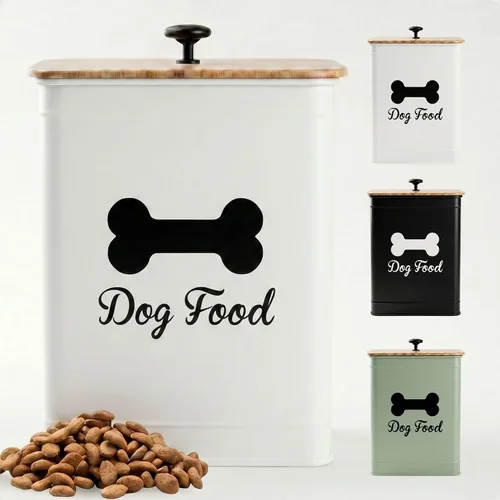 Vista 11 de Contenedor de comida de metal para perros de 5 a 7 libras, 25 tazas con tapa de bambú hermética, mango de metal Negro: Hueso
