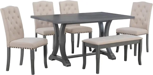 Vista 9 de Juego de mesa de comedor de 6 piezas estilo granja, mesa rectangular con soporte y 4 sillas tapizadas y banco, juego de muebles de cocina