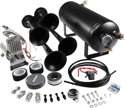 Vista 10 de Kit de bocinas de tren de 150DB con 4 trompetas, súper fuerte con compresor de aire de 150 PSI 12V, tanque compresor de bocina de aire