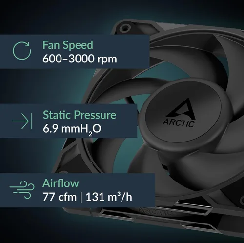 Vista 2 de ARCTIC P12 Pro - Potente Ventilador Premium, Ventilador PWM de 120 mm, 600-3000 RPM, 0 RPM <5% PWM, Rodamiento de Fluido Dinámico, 4-Pin - Negro