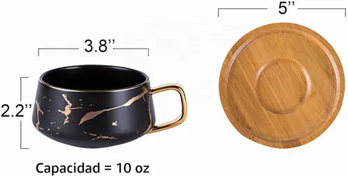 Vista 2 de Jusalpha Juego de taza de té de 10 oz con impresión de mano dorada y platillo/Juego de taza de café y platillo de bambú TCS19 (Negro)