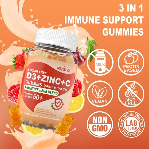Vista 6 de Gomitas de vitamina C + D3 + zinc sin azúcar para adultos mayores de 50 años, suplemento de defensa inmunológica 9 en 1 con D3 5000IU, saúco