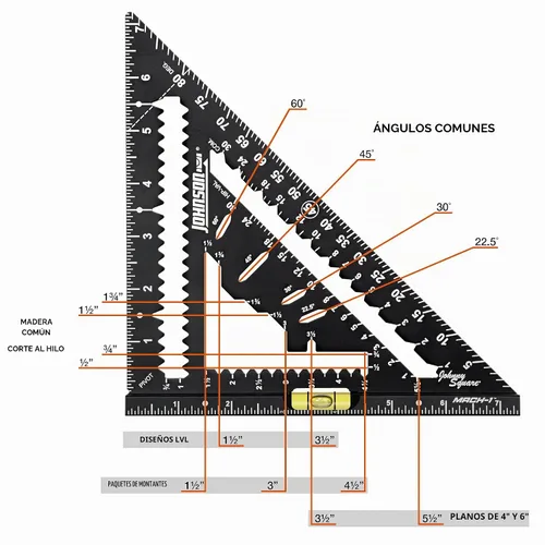 Vista 2 de Johnson Level & Tool 1904-0700V 7-1/4 pulgadas Johnny Square® MACH-1™ Smart Mark™ Rafter Square con vial nivel, negro