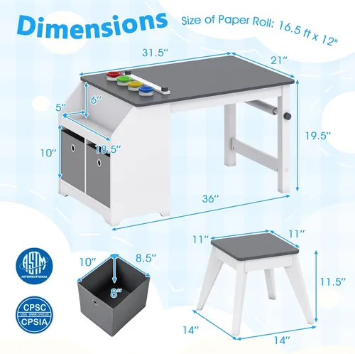 Vista 8 de Costzon Mesa y sillas de arte para niños, juego de escritorio de actividades de madera con rollo de papel, 4 tazas de pintura, estantes de Gris