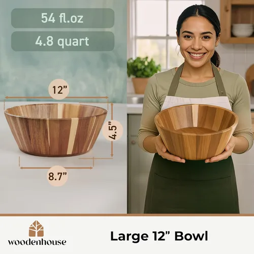 Vista 5 de Woodenhouse Tazón de ensalada de madera, tazón para ensalada, tazón de madera - 12" Diseño redondo, tazón de frutas hecho a mano, duradero