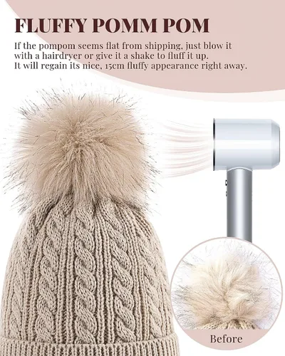 Vista 5 de Alepo Womens Winter Beanie Hat, Warm Fleece Lined Knitted Soft Ski Cuff Cap with Pom Pom