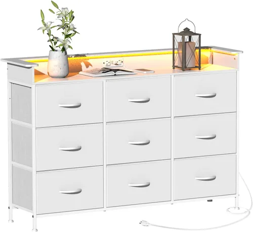 Vista 8 de EXOTICA Cómoda blanca con luz LED para dormitorio, 9 cajones con estación de carga, cómoda para entrada, armario, sala de estar, pasillo, marco