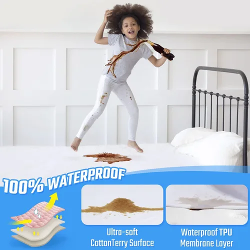 Vista 2 de Protector de colchón ajustable e impermeable. Protector lavable de cama, blanco, no hace ruido, de algodón Terry premium suave, sin vinilo, funda