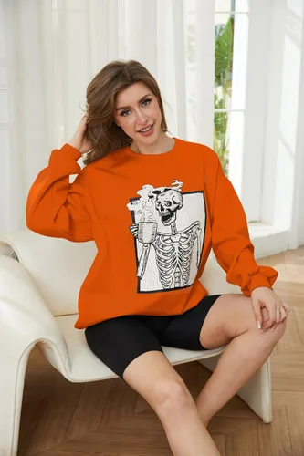 Vista 3 de Meladyan - Sudadera de forro polar con estampado de calavera de Halloween de gran tamaño, cuello redondo, manga larga, hombros caídos