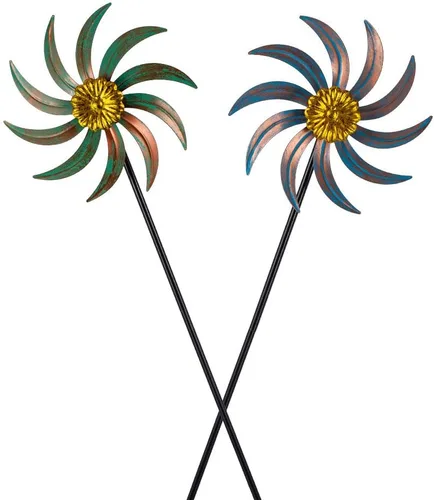 Vista 14 de Viveta Paquete de 2 molinos de viento de jardín, molino de viento de metal de flores de 35.4 pulgadas, escultura de viento rosa y azul, molinetes
