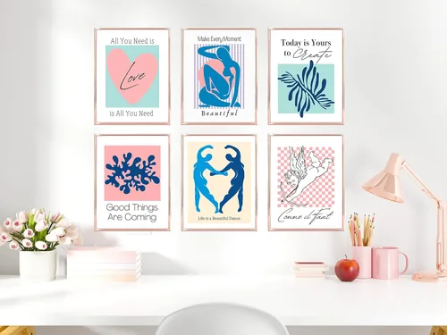 Vista 3 de Arte estético de pared de Matisse en tonos pastel, póster danés rosa y azul, decoración de pared inspiradora para mujeres, adolescentes y niñas