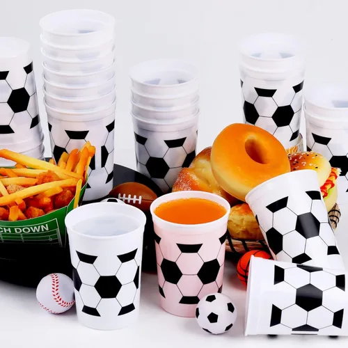 Vista 4 de Tevxj 24 vasos de plástico reutilizables para fanáticos del fútbol de 12 onzas, suministros de fiesta reutilizables, decoraciones de pelota
