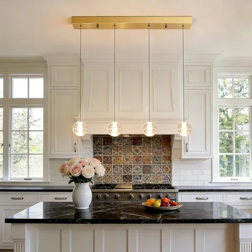 Vista 7 de Lámparas colgantes de oro cepillado de 4 luces para isla de cocina moderna, lámparas colgantes de globo de cristal para comedor sobre mesa, lámparas