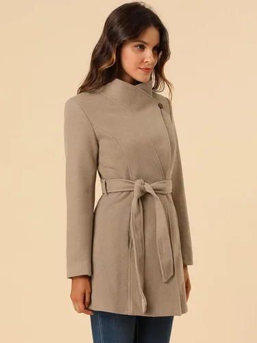 Vista 4 de Allegra K Abrigo largo clásico de invierno con cinturón de manga larga con cuello alto para mujer