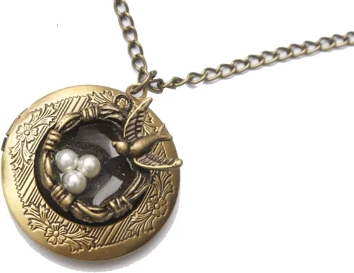 Vista 2 de Collar de medallón de pájaro. Collar de nido de pájaro, collar de bronce. Collar de medallón con dije de pájaro, Metal