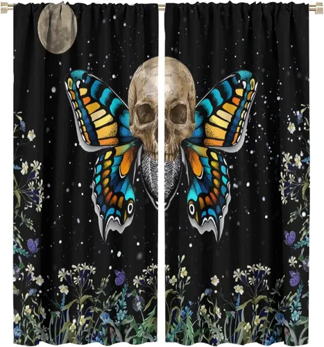 Vista 7 de Cortinas góticas de bosque de cuervos, para Halloween, espeluznante, negro, cuervo negro, alas oscuras, suspenso, bolsillo para barra, cortinas