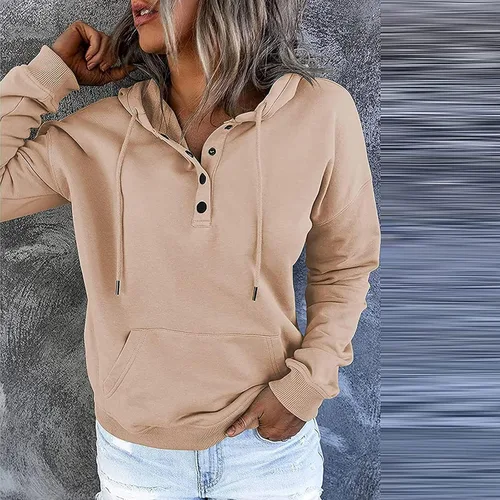 Vista 14 de Sudaderas con capucha para mujer, con cuello de botón, sin botones, con cordón, manga larga, lindas, ropa para adolescentes y niñas